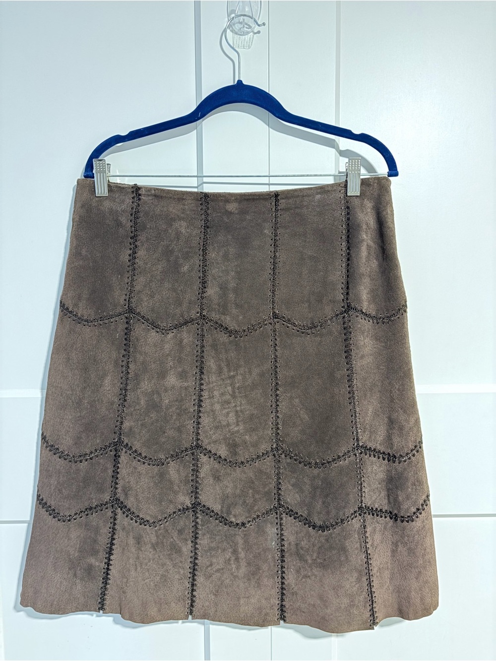 AREA Genuine Suede Leather a-line Scallop Whipstitch Boho Y2K Skirt size 12